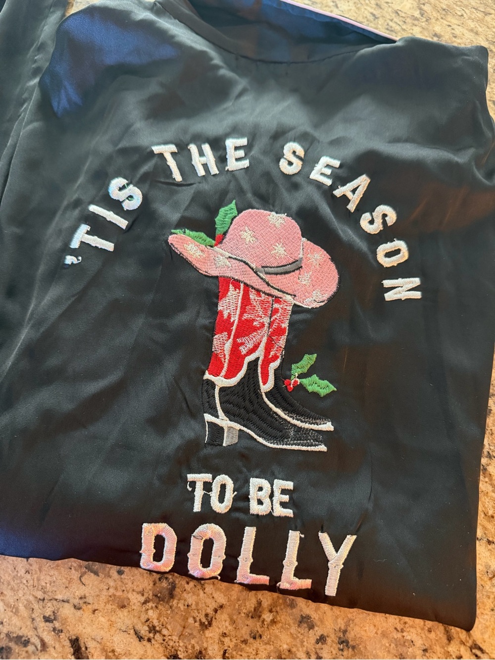 Nasty Gal Black Embroidered 'Tis The Season To Be Dolly Parton Pajama Top